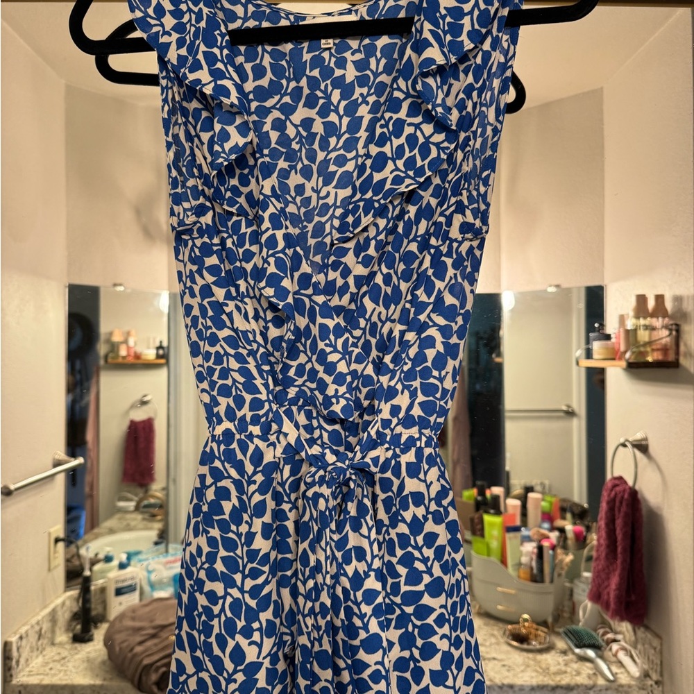 Max Studio, Medium Blue and White Leaf Print Wrap Blouse